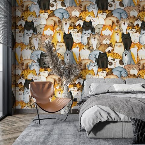 Sevimli Kediler Minimalist Çocuk Odası Duvar Kağıdı