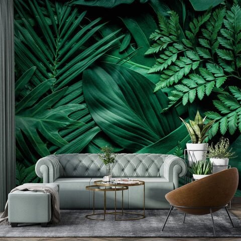 Büyük Yeşil Tropikal Yapraklar Salon Duvar Kağıdı