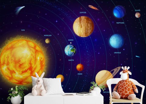 Güneş Sistemi Gezegenler ve Uzay Çocuk Odası Duvar Kağıdı