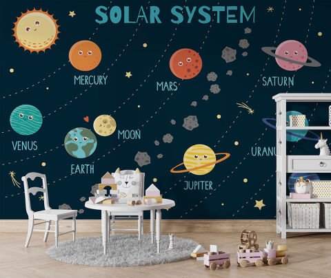 Güneş Sistemi Gülen Gezegenler ve Uzay Bebek Odası Duvar Kağıdı