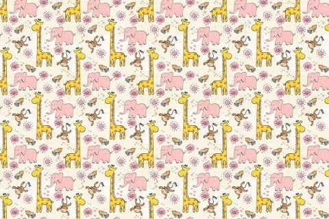 Tatlı Zürafalar Pembe Filler Maymunlar Çiçekler Kız Çocuk Odası Duvar Kağıdı