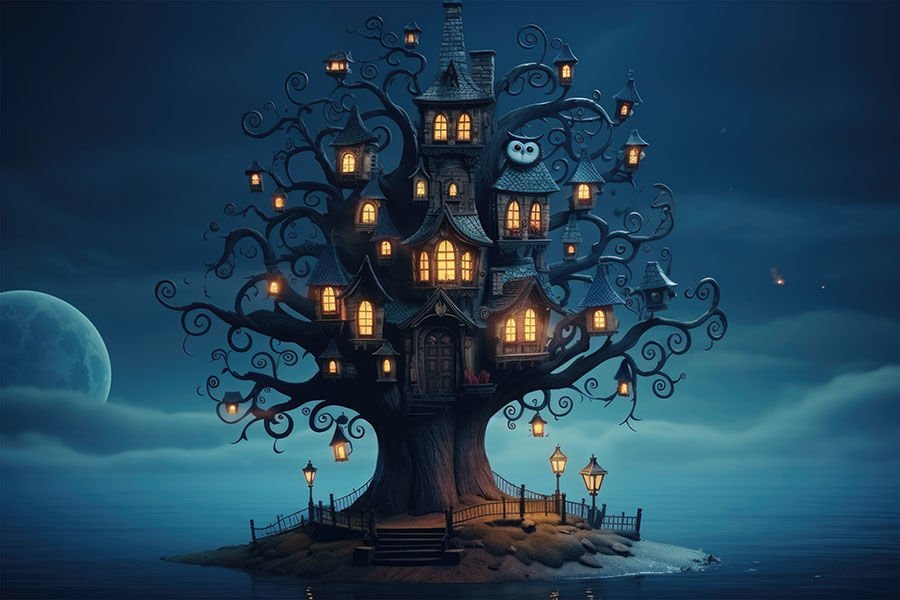 Işıklı Ağaç Evi Dekoratif Çocuk Odası Duvar Kağıdı