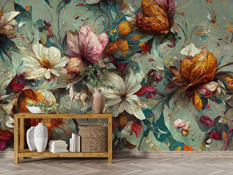 Soyut Çiçekli Pastel Renkli Lüks Yatak Odası Duvar Kağıdı