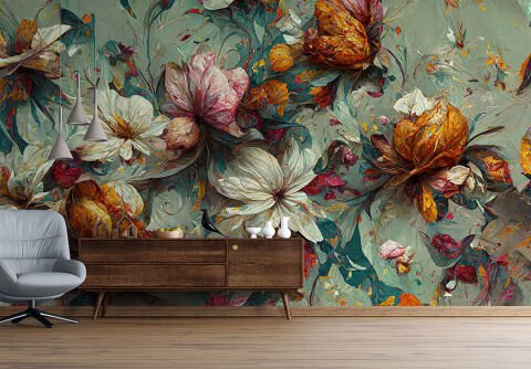 Soyut Çiçekli Pastel Renkli Lüks Yatak Odası Duvar Kağıdı
