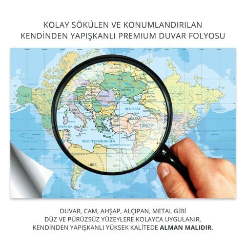 Kendinden Yapışkanlı Eğitim Amaçlı Siyasi Dünya Haritası Duvar Stickerı