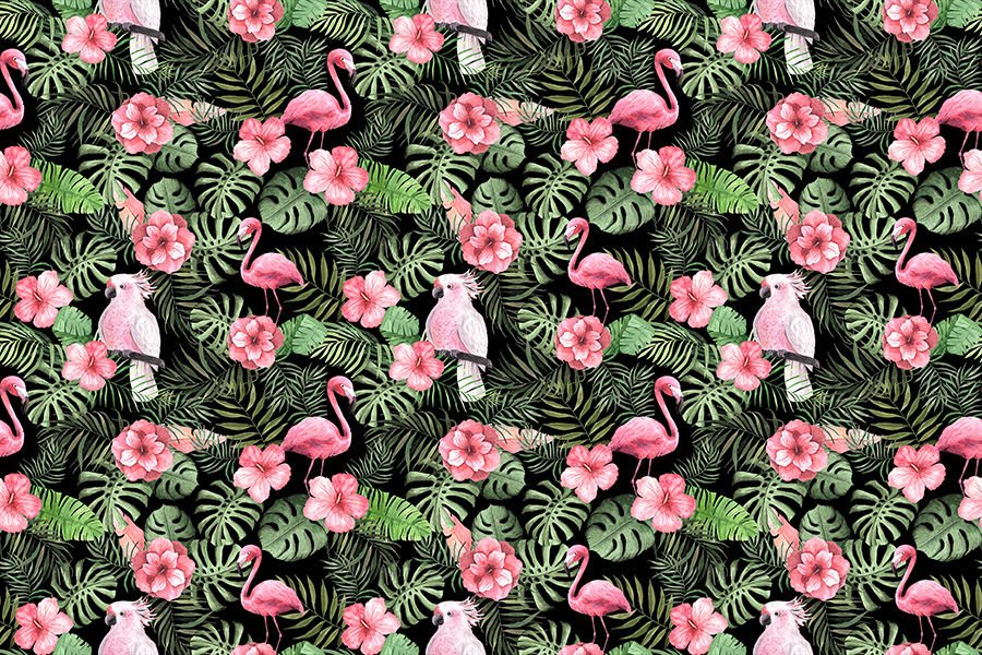Tropikal Yapraklar Flamingo ve Papağan Desenli Duvar Kağıdı