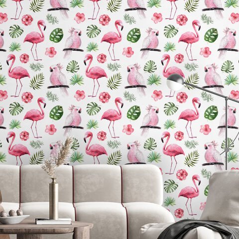 Tropikal Yapraklar Flamingo ve Papağan Desenli Duvar Kağıdı