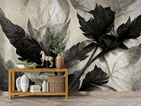 Siyah Beyaz Minimalist Vintage Soyut Yapraklar Duvar Kağıdı