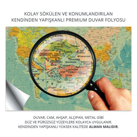 Türkçe Dünya Haritası Eğitim ve Okul Amaçlı Duvar Stickerı