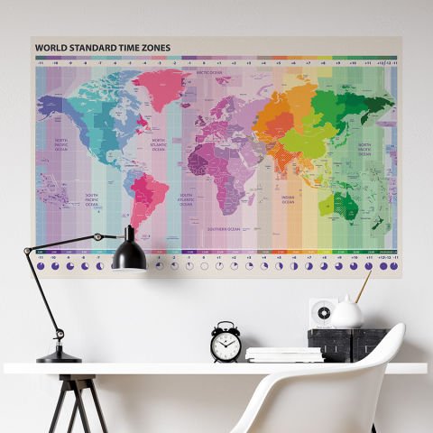 Renkli Dünya Saatlerini Gösteren Otel ve Acentalar için Dünya Haritası Duvar Stickerı