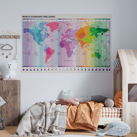 Renkli Dünya Saatlerini Gösteren Otel ve Acentalar için Dünya Haritası Duvar Stickerı