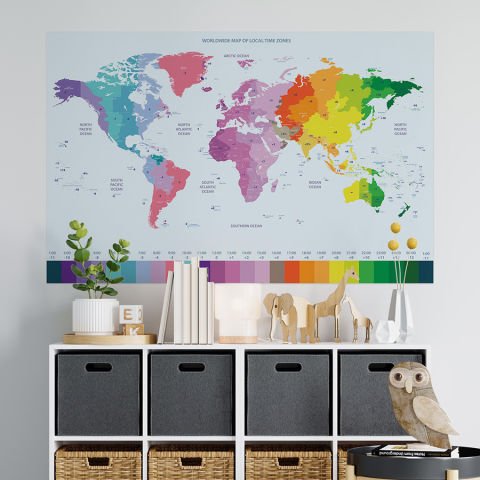 Dünya Haritası ve Dünya Saatleri Renkli Oteller İçin Duvar Stickerı