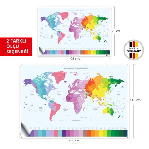 Dünya Haritası ve Dünya Saatleri Renkli Oteller İçin Duvar Stickerı