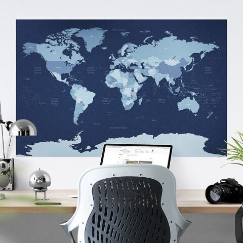 Mavi Soğuk Renk Tonlarında Dünya Haritası Duvar Stickerı