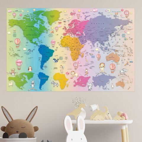 Bebek ve Çocuk Odası Dünya Haritası Eğitici Sticker, Sevimli Hayvanlar Kreşler İçin Dünya Haritası