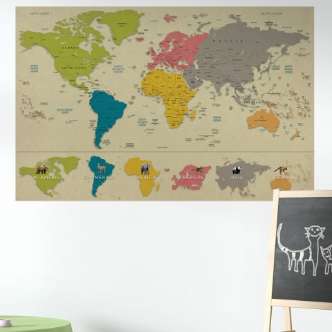 Çocuklar İçin Eğitici Öğretici Kıtalar ve Sevimli Hayvanlar Dünya Haritası Duvar Sticker