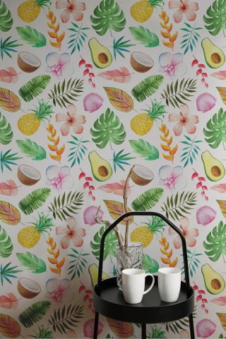 Tropikal Yaprak ve Meyve Desenli Duvar Kağıdı