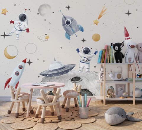 Uzay Temalı Astronot Uzay Gemisi ve Gezegenli Çocuk Odası Duvar Kağıdı