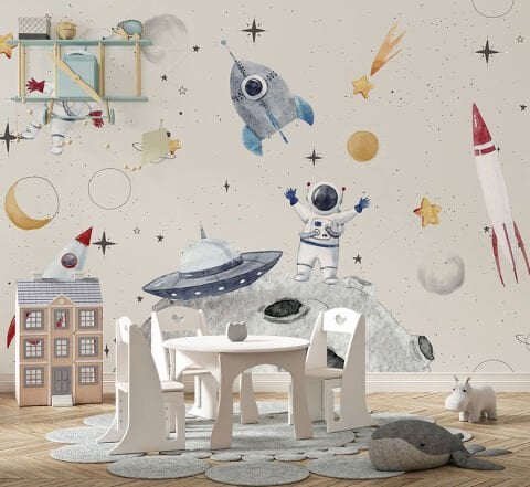 Uzay Temalı Astronot Uzay Gemisi ve Gezegenli Çocuk Odası Duvar Kağıdı