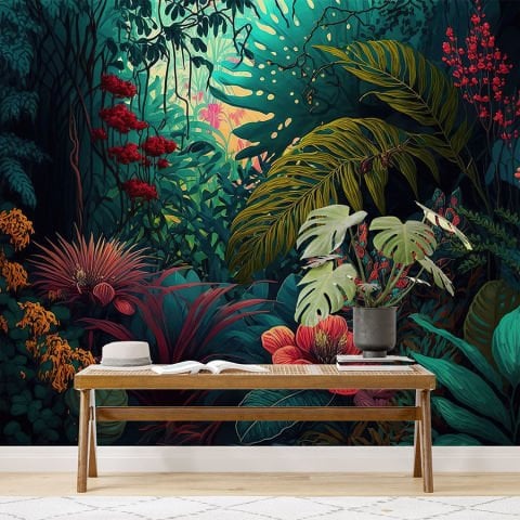 Egzotik Orman ve Renkli Yapraklar ve Çiçekler Mutfak Duvar Kağıdı