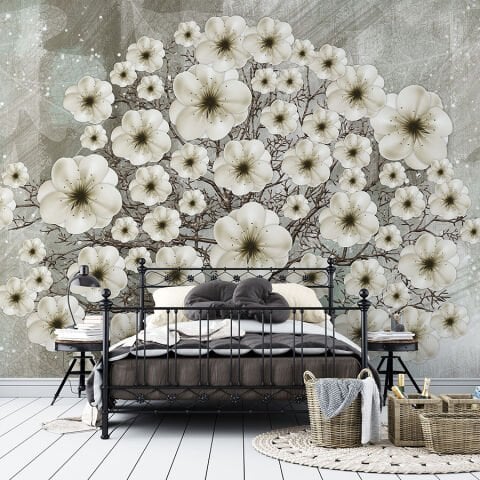 Modern 3D Beyaz Çiçekli Ağaç Yatak Odası Poster Duvar Kağıdı, Trend Salon Duvar Kağıdı