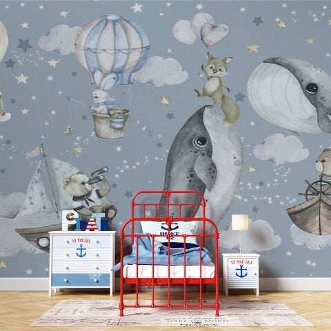 Erkek Çocuk Odası Tatlı Balina Ayı Tavşan Tilki Temalı Bebek Odası Duvar Kağıdı