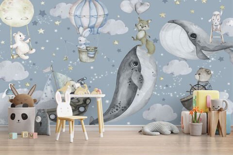 Erkek Çocuk Odası Tatlı Balina Ayı Tavşan Tilki Temalı Bebek Odası Duvar Kağıdı