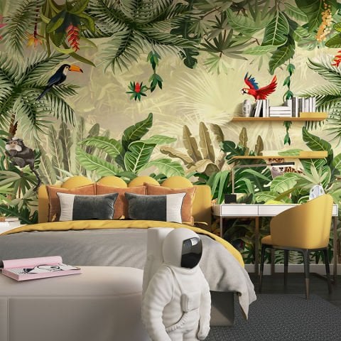 Yeşil Yapraklar Orman Papağan Kuşu Temalı Çocuk Odası Duvar Kağıdı