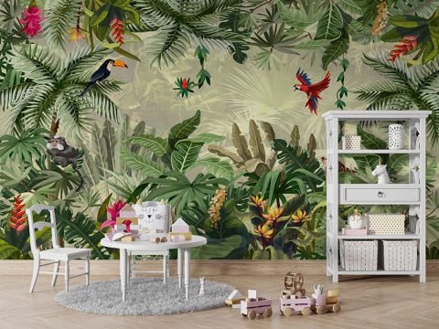 Yeşil Yapraklar Orman Papağan Kuşu Temalı Çocuk Odası Duvar Kağıdı