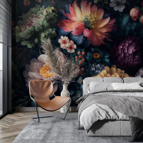 Büyük Renkli Çiçekler Yatak Odası Poster Duvar Kağıdı, Çiçekli Duvar Kağıdı, Salon Duvar Kağıdı