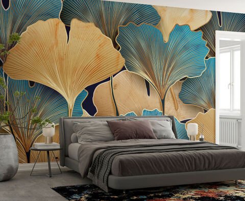 Altın Ginkgo Yaprakları Yatak Odası Duvar Kağıdı