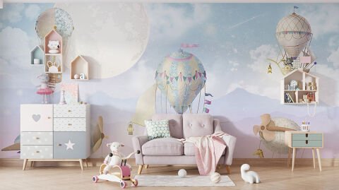 Bebek Odası Balonla Uçan Tatlı Hayvanlar Ay ve Gökyüzü Rahatlatıcı Duvar Kağıdı