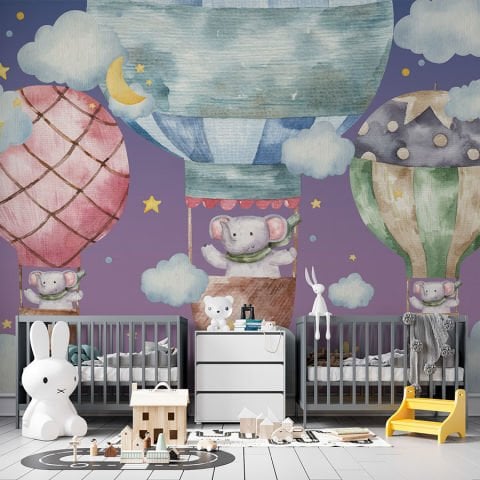 Tatlı Filler ve Uçan Balonlar Çocuk ve Bebek Odası Duvar Kağıdı