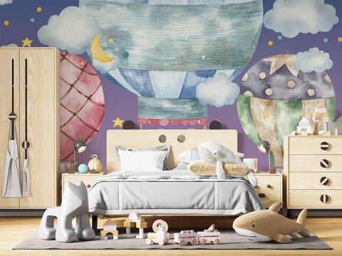 Tatlı Filler ve Uçan Balonlar Çocuk ve Bebek Odası Duvar Kağıdı