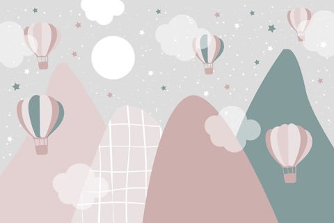 Soyut Manzaralı Dağlar Gökyüzü ve Uçan Balonlar Kız Bebek ve Çocuk Odası Anaokulu Kreş Duvar Kağıdı