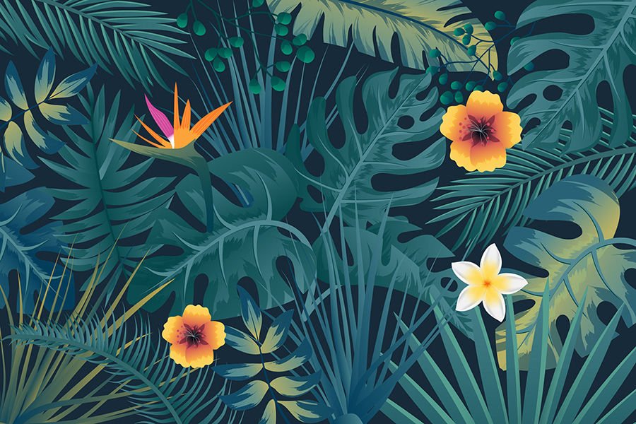 Tropikal Orman Yaprakları ve Çiçekler Duvar Kağıdı