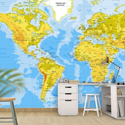 Dünya Haritası Güncel Canlı Renklerde Ülkeler Kıtalar ve Denizler Duvar Kağıdı
