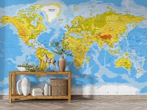 Dünya Haritası Güncel Canlı Renklerde Ülkeler Kıtalar ve Denizler Duvar Kağıdı