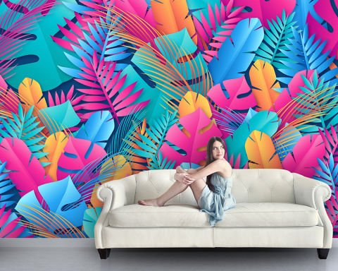 Renkli Tropikal Büyük Yapraklı Duvar Kağıdı