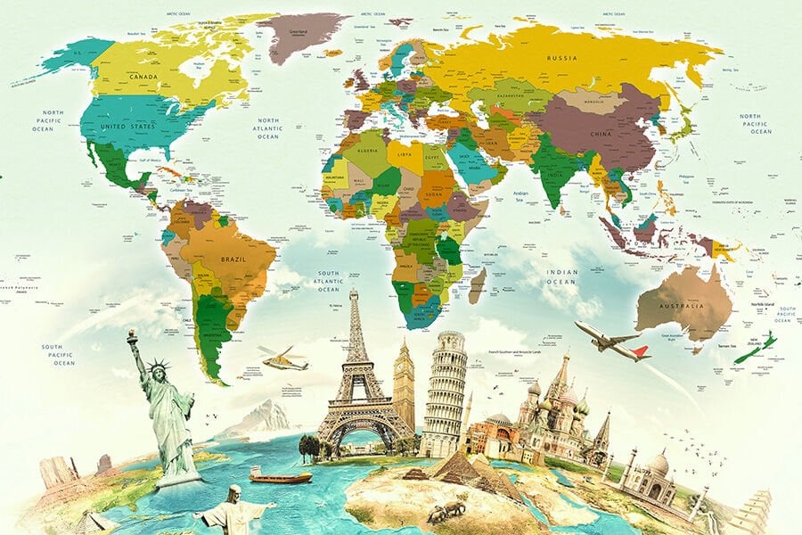 Güncel Dünya Haritası Turizm Acentesi Dil Okulu için Dünya Mimarileriyle Duvar Kağıdı