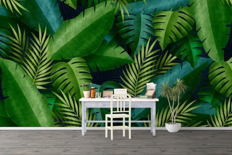 Tropikal Orman Yaprakları Salon Cafe Duvar Kağıdı