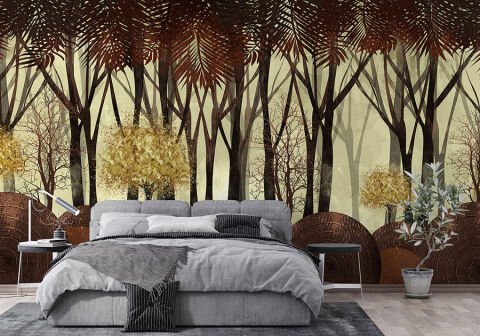 Orman Temalı Altın Renkli Ağaçlar Sanatsal Duvar Kağıdı