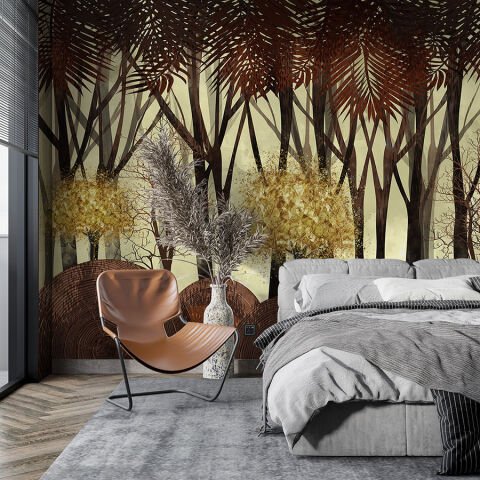 Orman Temalı Altın Renkli Ağaçlar Sanatsal Duvar Kağıdı
