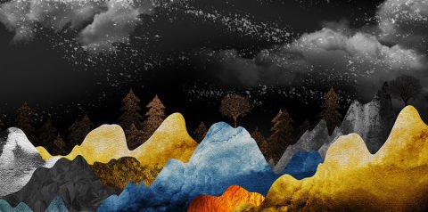 Karanlık Gökyüzü Manzaralı ve Renkli Dağlar Kendinden Yapışkanlı Duvar Kağıdı