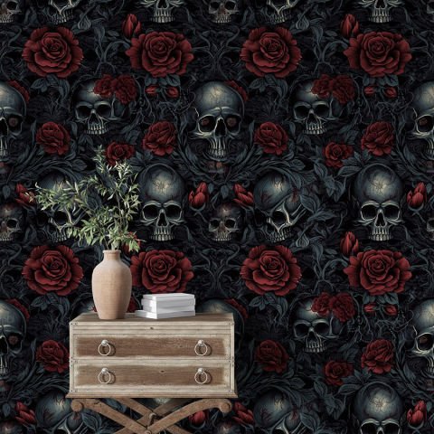 Kırmızı Güller ve Kafatası İskelet Gotik Duvar Kağıdı