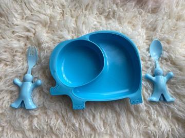 Fil Model Bölmeli Mama Tabağı + Çatal Kaşık Takımı (Mavi)