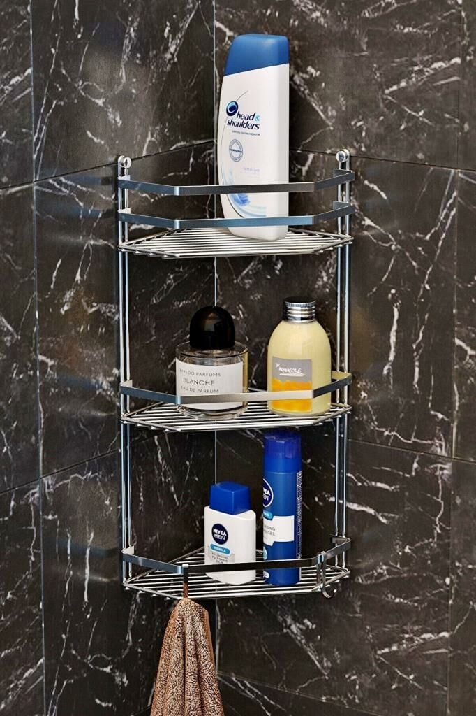 Geseus Üç Katlı Kancalı Banyo Köşe Rafı Krom ES076 KRM