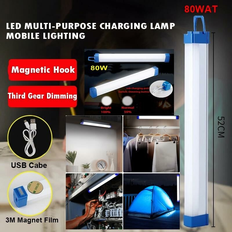 Usb Şarzlı Acil Durum ve Aydınlatma Led Florasan Ev,Kamp,Maden,İşyeri,Balıkcı Lambası 52cm 80W