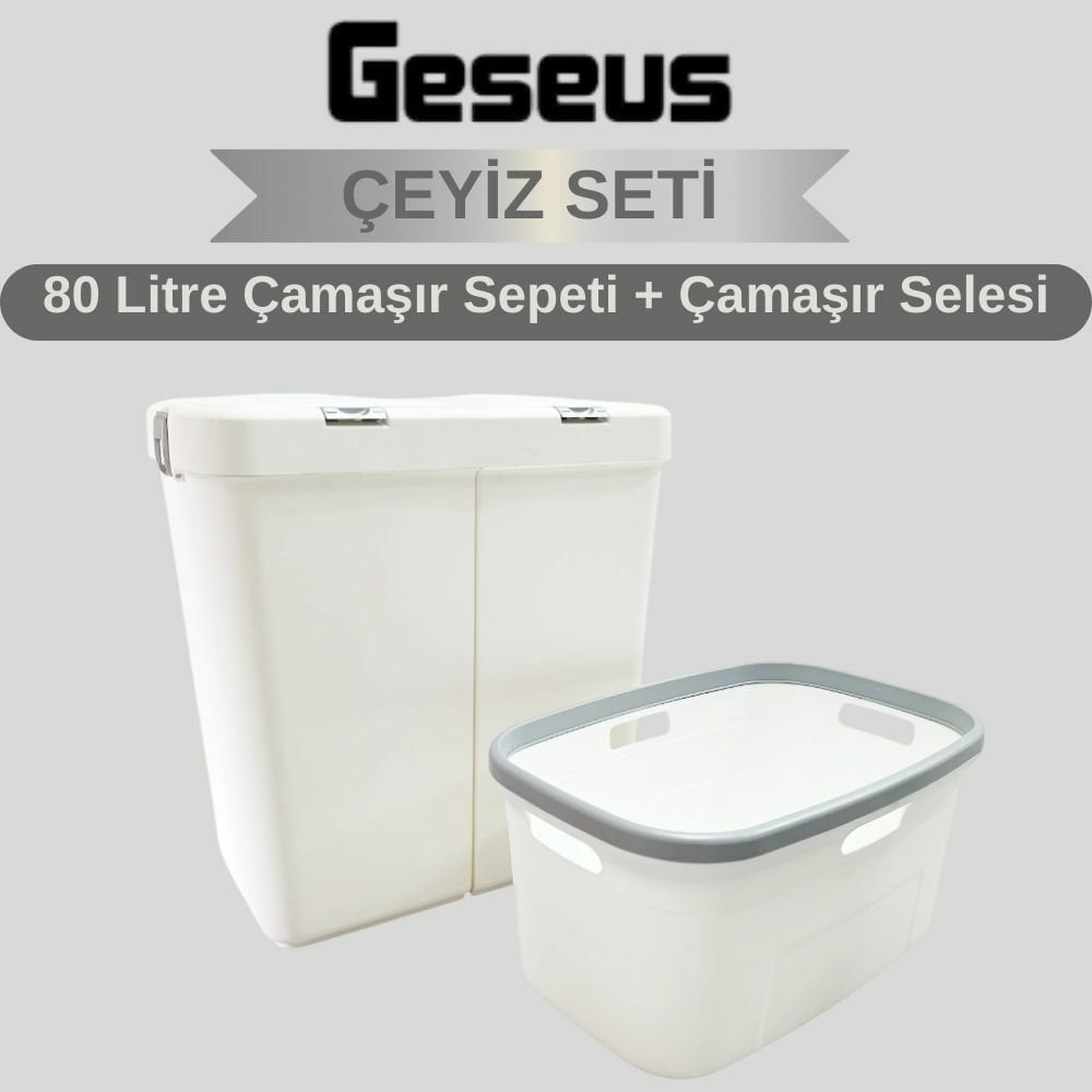Gümüş Ikili Dokunmatik 80 Lt Çamaşır Sepeti+Çamaşır Selesi Çeyiz Seti-MT09