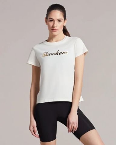 Skechers W Graphic Tee Shiny Logo Kadın Beyaz Tişört - S221180-102